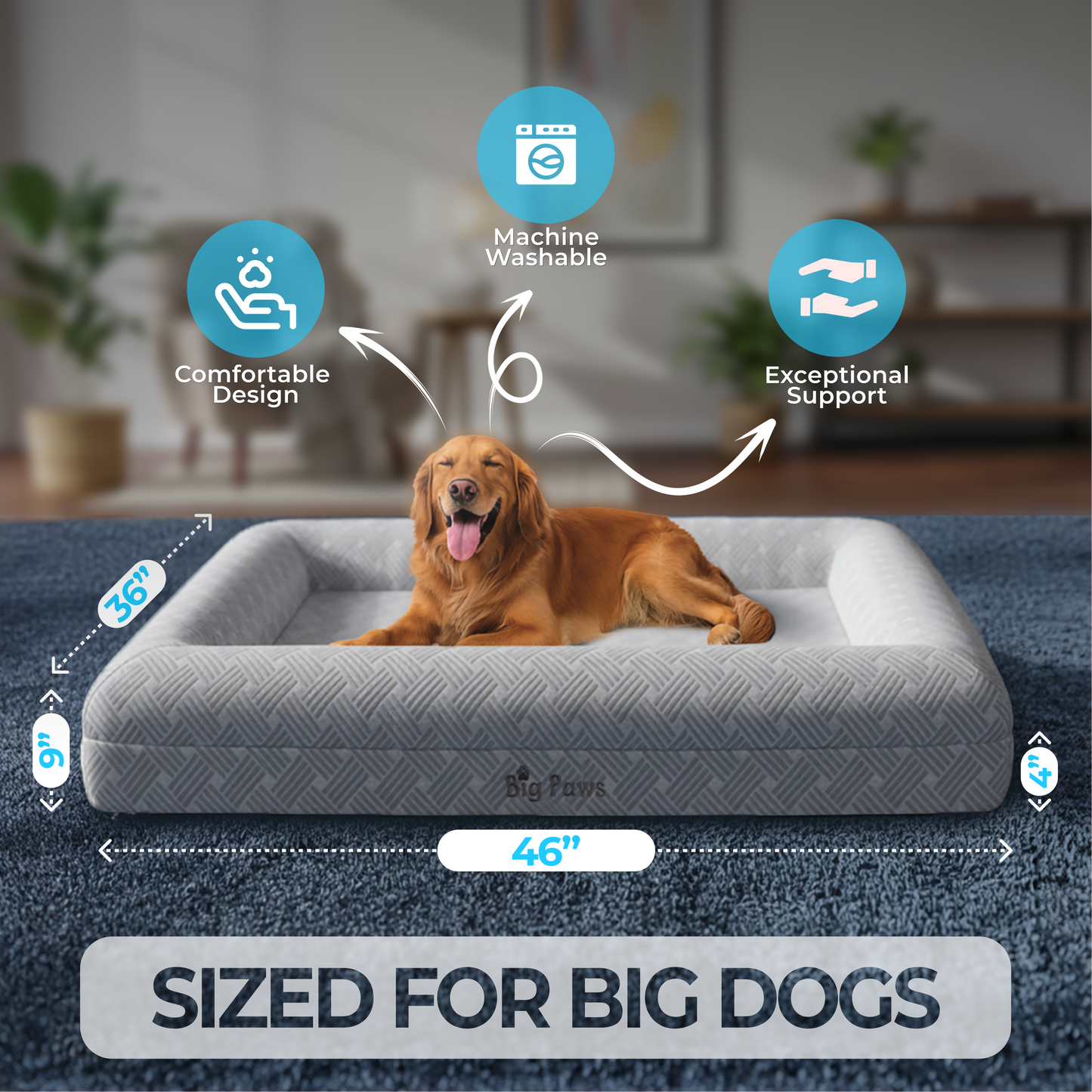 Big Paws Large Cooling Orthopedic Dog Bed for Large Dogs - Ice Silk Cooling Cover, 5 Waterproof Liners, Non-Slip Bottom, Raised Bolsters, Machine Washable Dog Bed - Gray