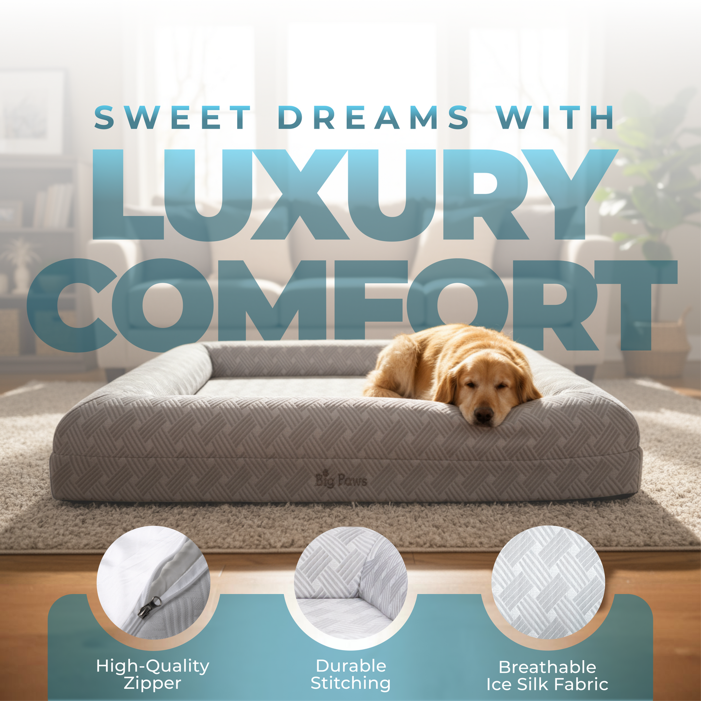 Big Paws Large Cooling Orthopedic Dog Bed for Large Dogs - Ice Silk Cooling Cover, 5 Waterproof Liners, Non-Slip Bottom, Raised Bolsters, Machine Washable Dog Bed - Gray