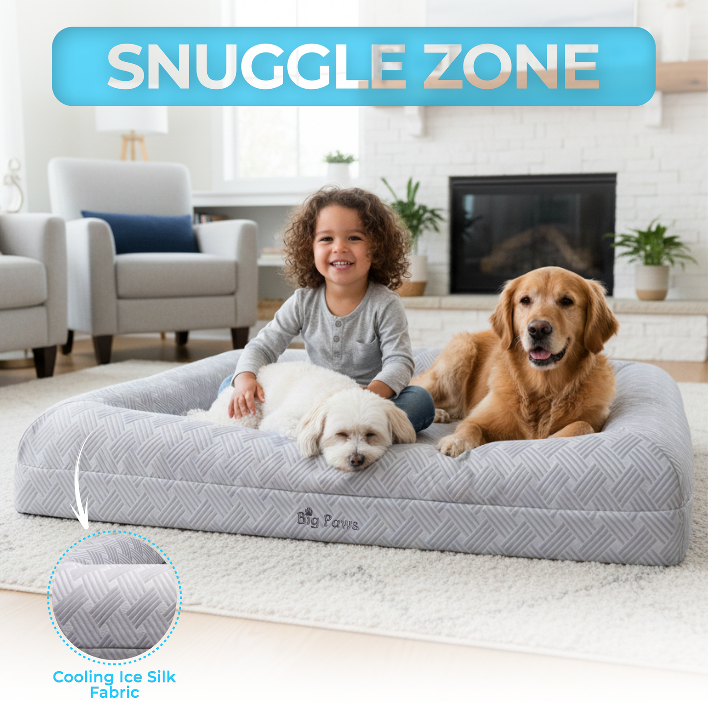Big Paws Large Cooling Orthopedic Dog Bed for Large Dogs - Ice Silk Cooling Cover, 5 Waterproof Liners, Non-Slip Bottom, Raised Bolsters, Machine Washable Dog Bed - Gray